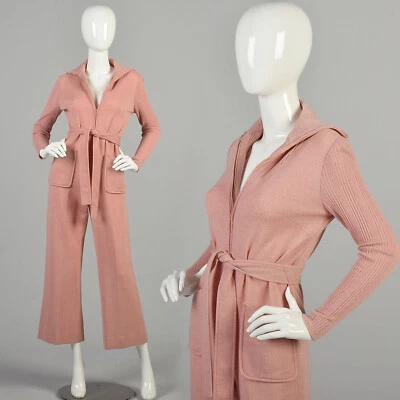 Mono mediano años 70 melocotón tejido acanalado cinturón cremallera frontal mono manga larga Foto 1 de 4