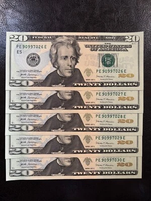 Lot of 5-NEW Uncirculated Sequential TWENTY DOLLAR $20 Bills - 2017A, $100 Face  - Image 1 of 4