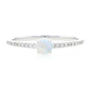 White Gold Opal & Diamond Ring - 14k Round Cabochon Cut .29ctw - Picture 1 of 10