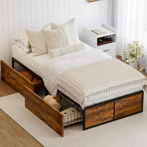 Twin Bed Frame with 2 XL Storage Drawers, Metal Platform Bed Frame with Footboar - Picture 1 of 7