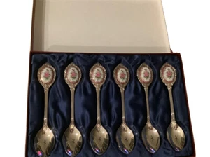 LOVELY 6 Demitasse Enamel Rose, Silver Plated Spoons - NEW IN In Original Box - Picture 1 of 6