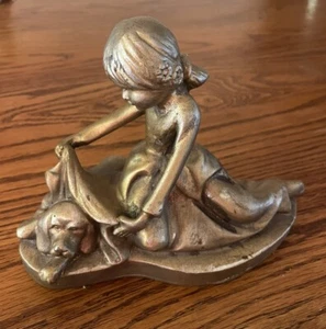 Vintage Art Deco Gold Girl Dog Figurine Sculpture Elegant Home Decor 1920s Style - Picture 1 of 11