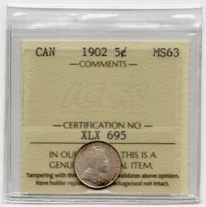 1902 Canada 5 Cents Silver Coin - ICCS MS-63 - Picture 1 of 2
