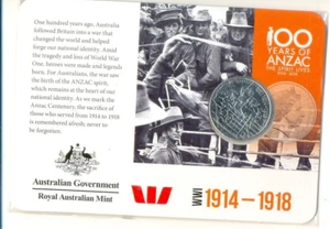 AUSTRALIAN:2015 ANZACS Remembered-20 Cent Australian coin - WW1 1914-1918 - Picture 1 of 2