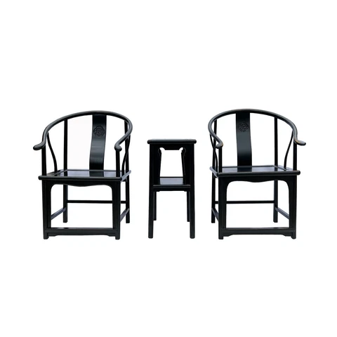 Chinese Distressed Black Lacquer Horseshoe Back Armchair Table 3 Pcs Set cs7660 Cover