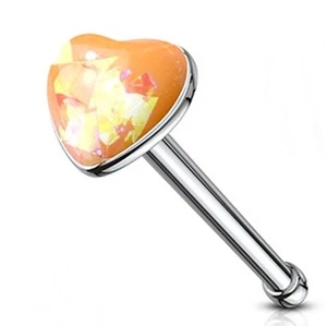 Nose Bone Ring Heart Glitter Opal Orange 3mm Head 20 Gauge 1/4" Steel - Picture 1 of 3