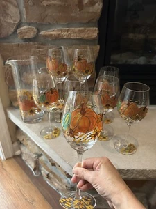 Stemmed Wine Glasses 19oz Hand Painted Pumpkin Thanksgiving set Of 8 Plus Carafe - Picture 1 of 16