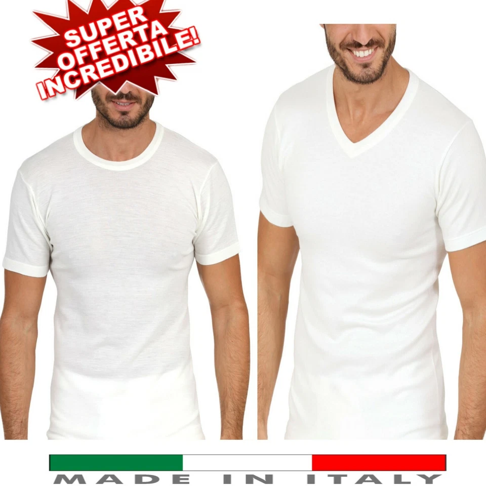 3 maglia intima uomo 100% lana e cotone mezza manica girocollo o scollo a punta - Immagine 1 di 1