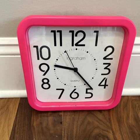 Vintage Ingraham Hot Pink Neon Plastic Wall Clock Square 10” USA Hanging Quartz Cover