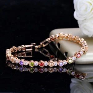 Women Rainbow CZ Tennis Bracelet Gold Plated Cubic Zirconia Costume Jewelry Gift - Picture 1 of 8