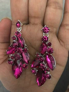 2,7" lange Hot Pink Fuchsia Hänger Festzug Strass Kristall Silber Ohrringe - Bild 1 von 4