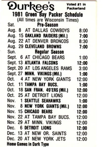 1981 GREEN BAY PACKERS FOOTBALL POCKET SCHEDULE - DURKEE'S - Picture 1 of 2