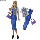 Blaue Kleidung Set für Barbiepuppe Hemd Bluse Langes Kleid Lila Tasche Outfits
