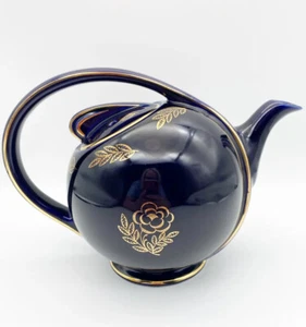 Vintage Hall 0443 Airflow Teekanne Kugel Kugel Kobaltblau Gold Rose 6 Tassen 1940er - Bild 1 von 7