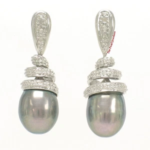 14k White Gold Diamond & Black Pearl Dangle Stud Earrings - Picture 1 of 4