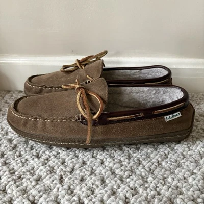 LL Bean Wicked Good Moccasins Slippers Men’s 8 Brown Suede Leather Fur Lined - Image 1 of 4