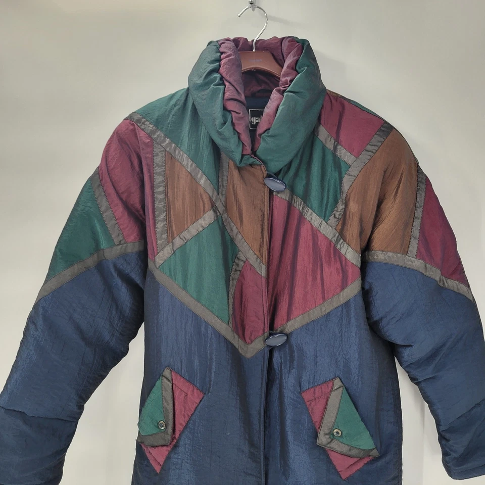 Vintage Gallery Down Fill Long Puffer Coat S Blue Colorblock Geometric - Image 1 of 4