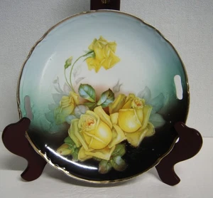 Antique Signed German H.P. Yellow Rose Serving Plate Scalloped Gold Rim 10.5"Dia - Picture 1 of 4