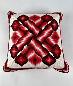 "Almohada de punta de aguja vintage Bargello 12"" rojo rosa geométrica retro acento hecho a mano" - Imagen 1 de 11