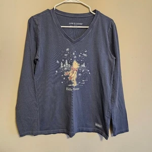 Life Is Good Hello Invierno Winnie the Pooh Azul Manga Larga Cuello en V Mediano Para Mujer - Imagen 1 de 7