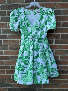 VTG Scaasi Boutique Green White Floral Cocktail Party Lined Dress Petticoat 80s - Picture 1 of 7