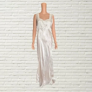 Vintage 40s Bias Cut Maxi Slip Dress - White Liquid Satin Lace Trim - Picture 1 of 6
