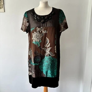 Phase Eight Brown BLue Floral Silk BLend Tunic Dress Beaded Velvet Trim Size 18 - Picture 1 of 15