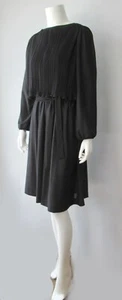 Vintage 70s Crinkle Broomstick Layered Bodice Black Secretary Day Dress S - Picture 1 of 5