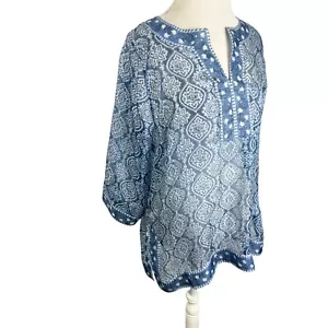 Gretchen Scott Blue Print Silk Tunic Top Semi Sheer Resort Beachy Size L - Picture 1 of 9