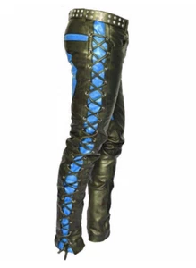 Men's Real Leather Bikers Pants Side And Front Laces Up Contrast Leather Pants - Picture 1 of 4