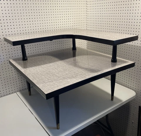 Mid Century Two-tiered Unique Corner Table Black and Grey Pattern Cover