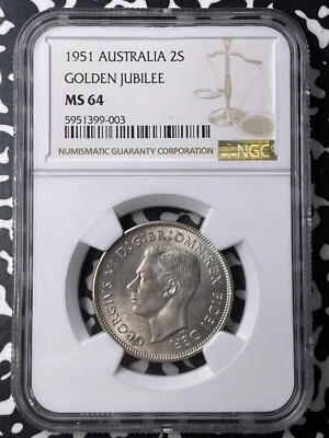 1951 Australia Golden Jubilee 1 Florin NGC MS64 Lot#MK106 Silver! Choice UNC! - Image 1 of 3