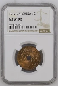 French Indochina: unc RED BROWN BU 1 cent 1917 NGC MS64RB - Picture 1 of 2