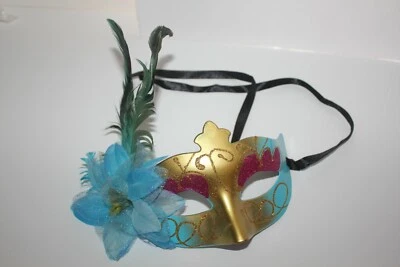 Mascarada Mardi Gras Disfraz Ojo Veneciano Máscara Con Flor y Plumas - Azul Foto 1 de 4