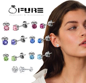 Women's Jewelry 18K White Gold Plated Small Round Crown Crystal Stud Earrings - Picture 1 of 14