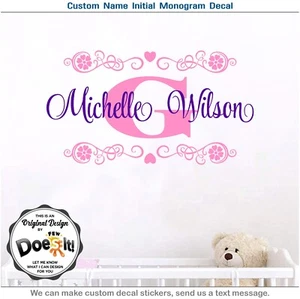 Custom Name Decal, Girl Monogram Initial Letter Vinyl, Wall Art Decor, Heart 039 - Picture 1 of 9