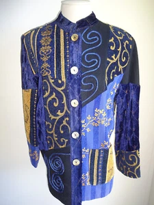 Womens Blue Gold Vintage 1990s Indigo Moon Velvet Jacket S Embroidery Felt Black - Picture 1 of 7
