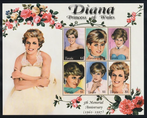 Stamps PRINCESS DIANA Souvenir Mini-Sheet Of 6 Stamps Roses-Gowns-Hair Styles Cover