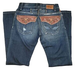 New Men's Robins Jeans D5075 Brown Leather Flap Pocket Wings Denim Blue Jeans 29
