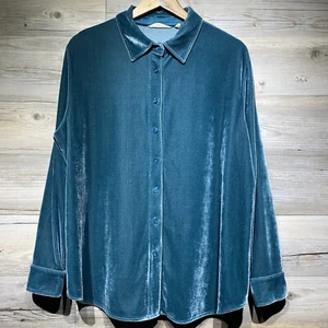 Soft Surroundings Velvet Tunic Top Blouse Size PXL Button-Up Blue Green Stretch - Picture 1 of 9