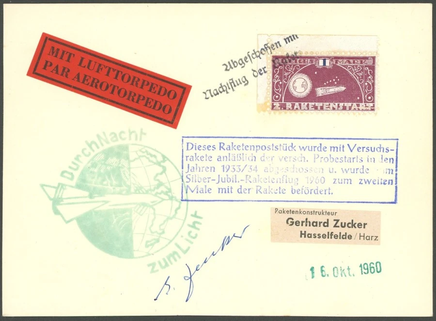 RAKETENPOST 1933,1960, 1 Mk. Raketenmarke auf doppelt beförderter Kar - Bild 1 von 1