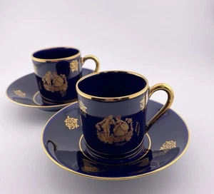 Juego de 2 tazas y platillos Limoges Castel France Demitasse oro azul cobalto - Imagen 1 de 10