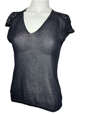 M сушит Van Noten черный вязаный свитер с коротким рукавом кружевной рукав Топ вискоза хлопок - Изображение 1 из 4