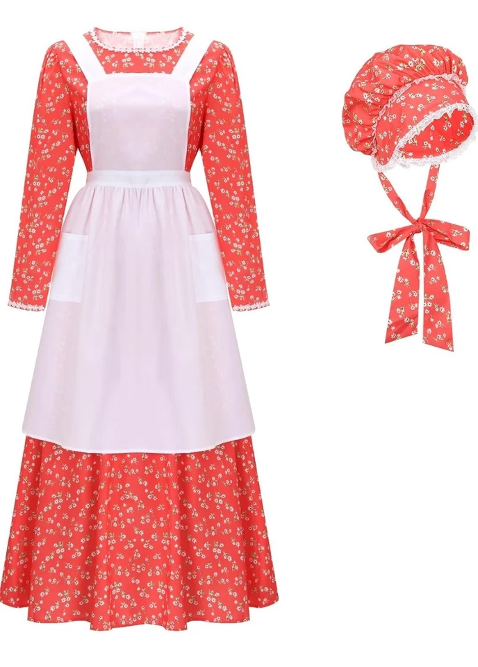 Women Pioneer Costume Floral Dress With Apron & Hat (Large) - Image 1 of 4