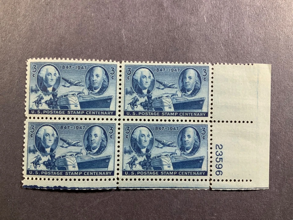 US Scott #947, Plate Block #23596 1947 Stamp Centenary 3c FVF MNH Lower Right - Image 1 of 1
