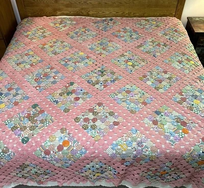 Vintage Yo Yo Quilt Coverlet Top Handmade Multicolor Patchwork Pink 88 x 88 - Image 1 of 4