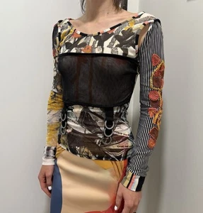 Save The Queen Mesh y2k Strappy  vintage Multicolor Blouse Longsleeve Top Size S - Picture 1 of 14