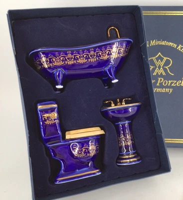 Reutter Porcelain Dollhouse 1:12 Bathroom Set Cobalt blue Gold tub sink Germany - Image 1 of 4