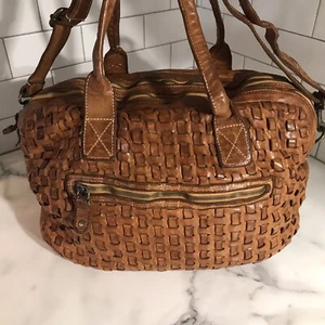 Vintage Langellotti Caramel Woven Leather Duffel Travel Crossbody 3 Sections Bag - Picture 1 of 12