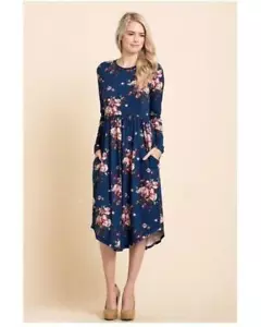 Moonlite Path Floral Print Midi Dress with Round Hem and Pockets in Navy - Picture 1 of 5